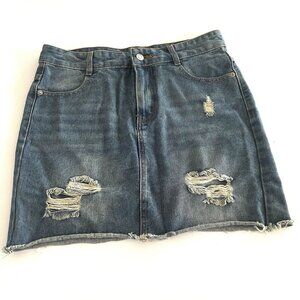 Wax Jean Denim A-Line Mini Skirt Distressed Raw Hem Cotton Pockets Sz L Blue EUC